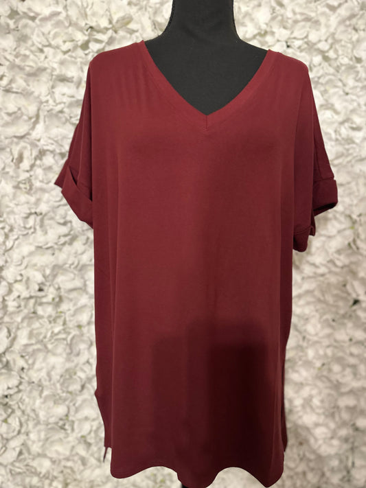 Lennon Buttery Soft Burgundy V-Neck Tee (S-3x)